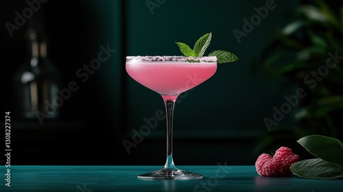Pink cocktail in coupe glass garnished with mint and raspberries on teal bar.