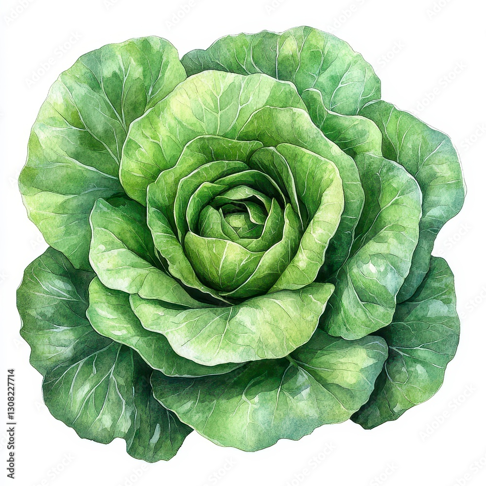 Fototapeta premium Watercolor Painting Of A Vibrant Green Cabbage Head