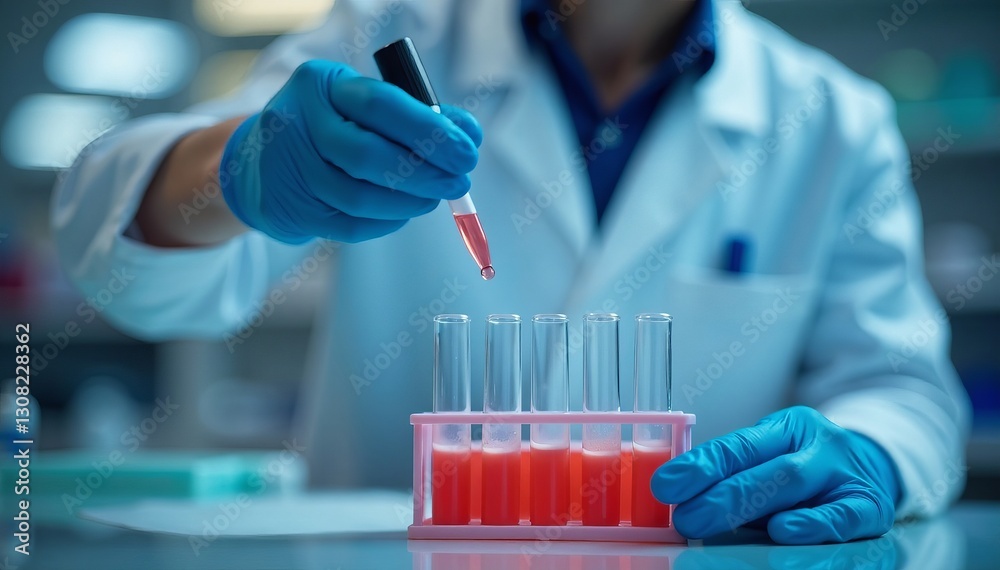 Close-up of lab technician pipetting sample into test tube in sterile environment, precision, biotechnology Close-up of lab technician pipetting sample into test tube in sterile environment, precision, biotechnology