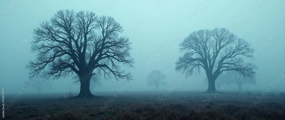 Obraz premium Symmetrical barren trees in a misty, foggy landscape. Deep, moody atmosphere. Soft, diffused lighting. Epic scale, dramatic depth of field. High quality, photorealistic style; barren branches, fog