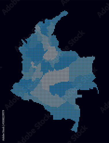 Colombia dotted map. Digital style map of the country on dark background. Colombia shape with circle dots. Colored dots style. Small size circles. Abstract vector illustration.
