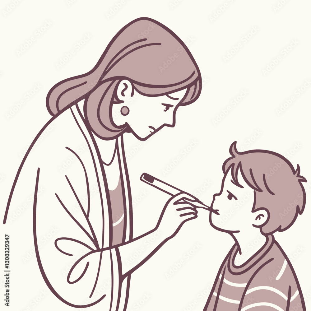 Mother checking temperature of son with thermometer, health and care illustration Mother checking temperature of son with thermometer, health and care illustration