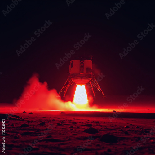 Surreal infrared tones, gentle soft light, lunar module emergency takeoff, lunar landscape