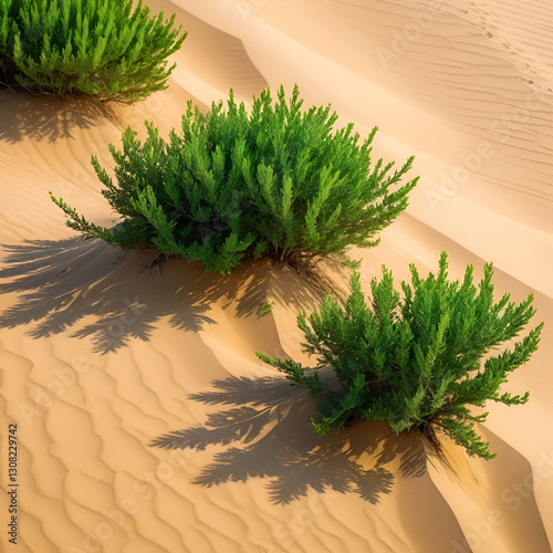 Green bushes among the sand. Rare plants sprouted through the sand. Sand in the desert in the rays of the scorching sun.