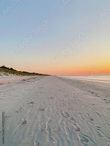 Calm expanse of a deserted beach at sunset with a clear horizon and tranquil atmosphere Generative AI