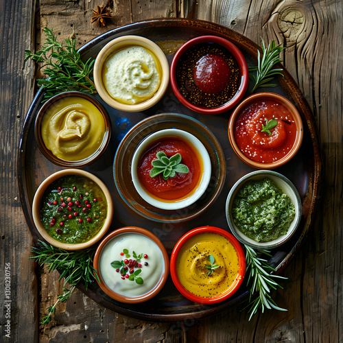 Wallpaper Mural Assorted Colorful Sauces in Elegant Bowls on Rustic Wooden Table with Fresh Herbs and Spices Torontodigital.ca