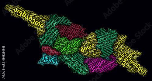 Georgia Word Cloud. Region names of the country in the Georgian language. Bright neon style design on a dark background. Georgia shape with administrative division. Modern vector illustration.