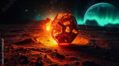 Wide asteroid fragmenting, hundreds of fiery debris pieces, Moon's Mare Imbrium basin