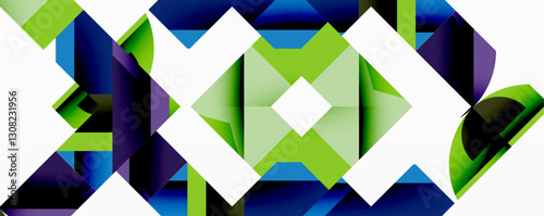 Abstract geometric artwork with interwoven angular and curved shapes, dynamic composition with smooth gradients and bold contrasts