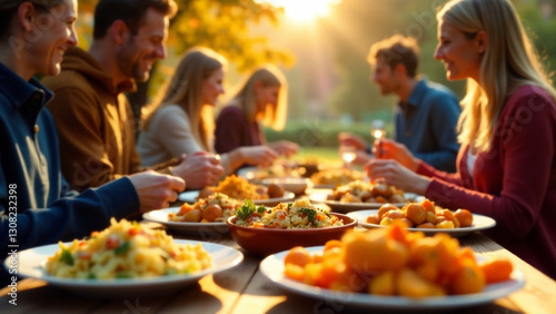 A vibrant, joyful Thanksgiving potluck celebration featuring diverse dishes and warm connections among friends and neighbors.  Depth of field, warm lighting, inviting atmosphere.  Style: photorealisti