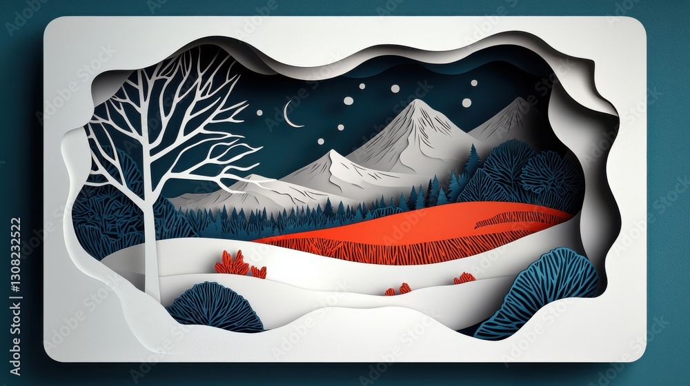 Obraz premium Intricate Paper Cut Landscape Featuring Majestic Mountains and Trees