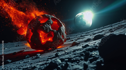 Wide angle photo, 10 kilometer asteroid fragmenting, Moon's Mare Imbrium, fiery debris glowing
