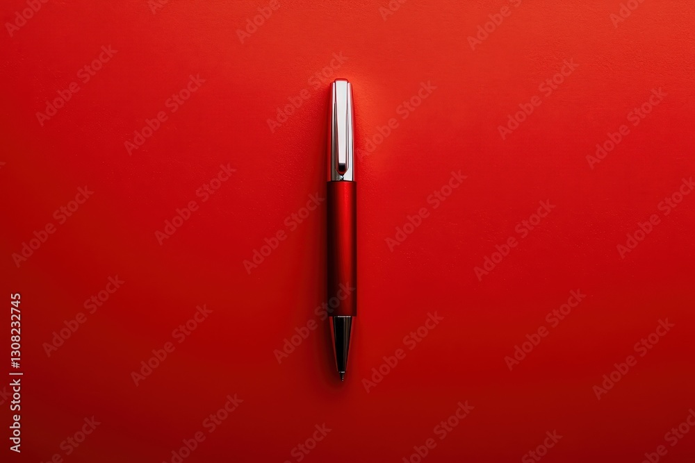 A single red pen is resting on a red surface