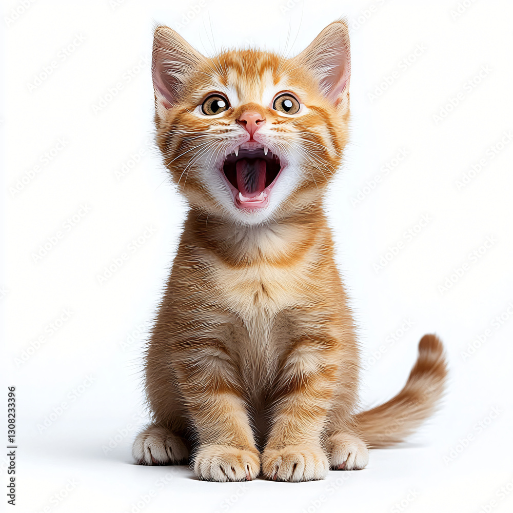 Fototapeta premium A playful ginger tabby kitten with expressive wide eyes and a joyful demeanor, perfect for pet-related products, greeting cards, or social media content celebrating cuteness.