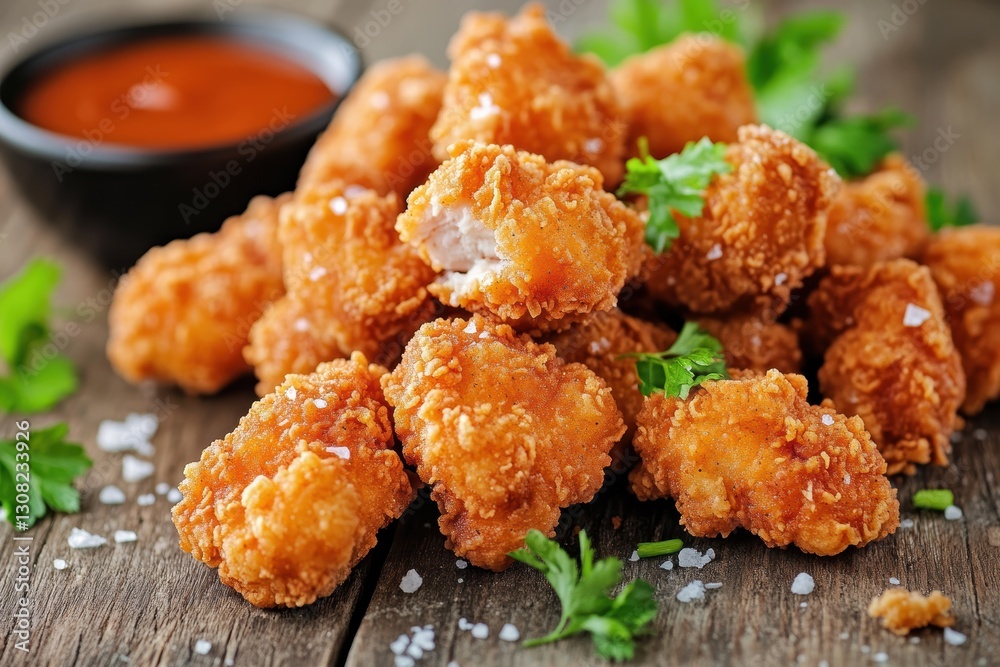 Golden brown chicken nuggets stacked and garnished with fresh parsley. A bowl of dipping sauce adds to the crispy allure, perfect for food lovers. Golden brown chicken nuggets stacked and garnished with fresh parsley. A bowl of dipping sauce adds to the crispy allure, perfect for food lovers.