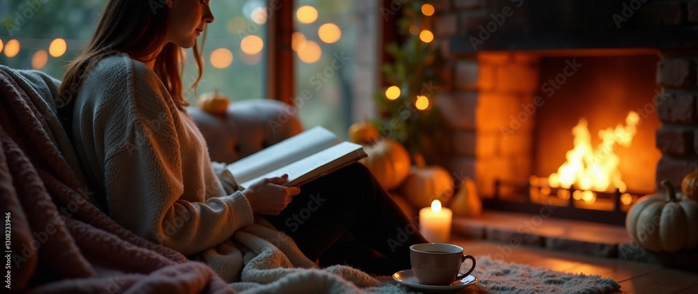 Person reading a book by a fireplace on a cozy autumn evening, warm blankets, cup of tea, candlelight, soft lighting, peaceful atmosphere, selective focus, depth of field, autumnal colors, warm tones,