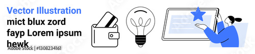 Wallet with cards, lit light bulb, person pointing at tablet with star. Ideal for financial technology, creativity, innovation, online shopping, education technology user engagement. Landing page