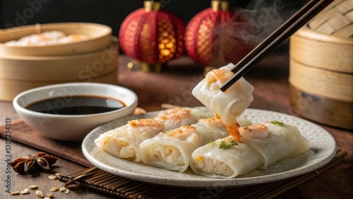 Freshly Steamed Cheung Fun with Shrimp in Dim Sum Setting photo