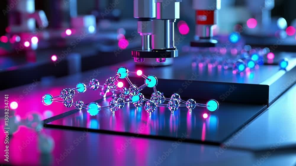 A medium closeup image of an integrated robotic workstation with several automated modules working in tandemone synthesizing compounds while another conducts analysis. The harmonious