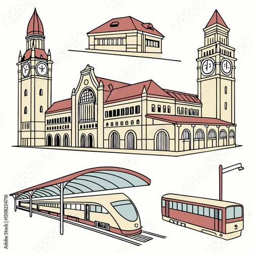 Stylized railway station illustration with diverse transportation modes