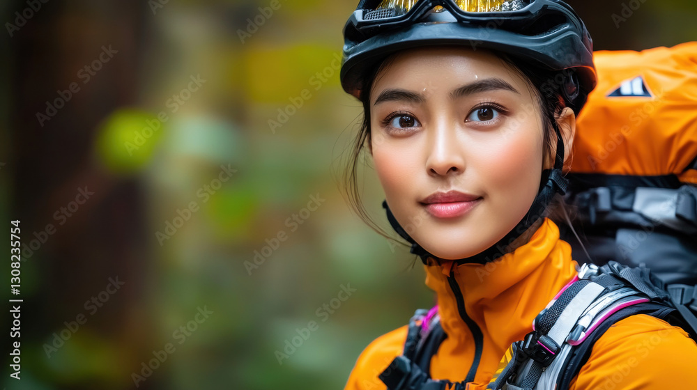 Woman wearing a helmet ready for action in multi-sport adventure races emphasizing safety and excitement Woman wearing a helmet ready for action in multi-sport adventure races emphasizing safety and excitement