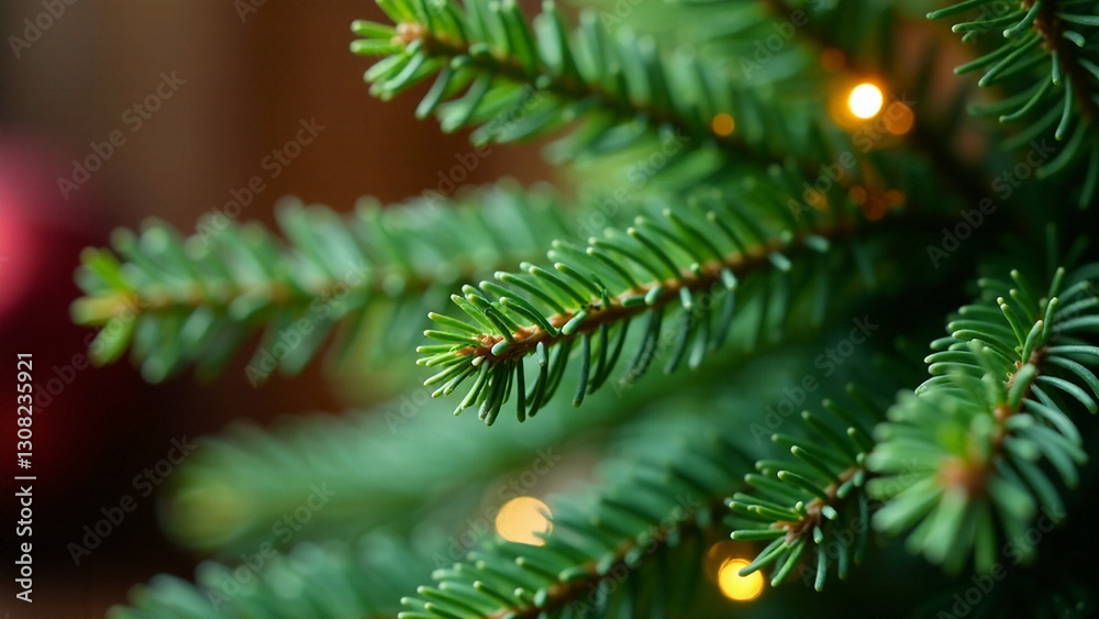 Generate an AI photo of a close-up, textured Christmas fir tree brunch. Fluffy pine branches, vibrant green spruce, with depth of field and a festive mood. Warm, atmospheric lighting. Professional Generate an AI photo of a close-up, textured Christmas fir tree brunch. Fluffy pine branches, vibrant green spruce, with depth of field and a festive mood. Warm, atmospheric lighting. Professional