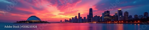 Chicago skyline sunset, Lake Michigan view, Adler Planetarium , cloud, sky, view