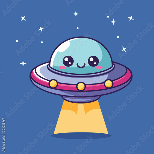 Cute UFO Flying In Space Cartoon Vector Icon Illustration. Science Technology Icon Concept Isolated Premium Vector. Flat Cartoon Style