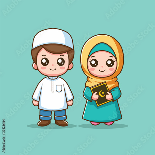 Cute Boy And Girl Moslem Vector Icon Illustration. Ramadan Mascot Cartoon Character. Person Icon Concept White Isolated. Flat Cartoon Style