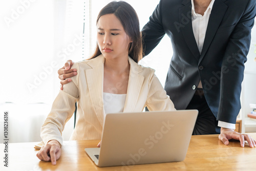 Unhappy, disgusted asian young employee, business woman defending hand of colleague man, push out protect when boss touching her body, embrace shoulder. Sexual harassment inappropriate at office work.