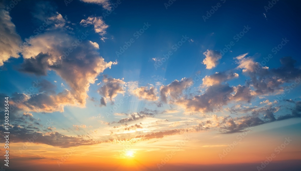 Fototapeta premium gentle colors of real sundown sunset sky with beautiful light clouds and sun