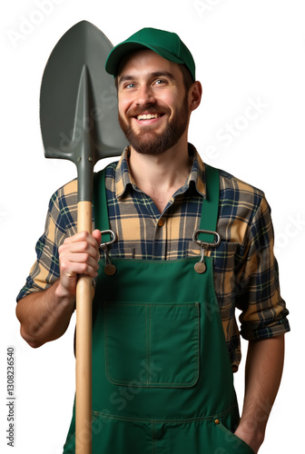 A cheerful gardener, clad in green overalls and a matching cap, smiles warmly while holding a shovel. 