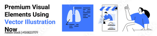 Lungs with info graphics, online store interface, woman raising hand illustration. Ideal for education, digital health, e-commerce, communication, creativity, innovation flat landing page banner