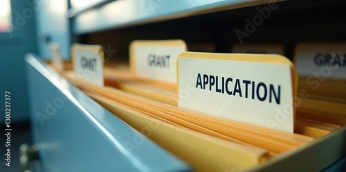 Close-up of application and grant folder labels on a filing cabinet, neat, cabinet, professional