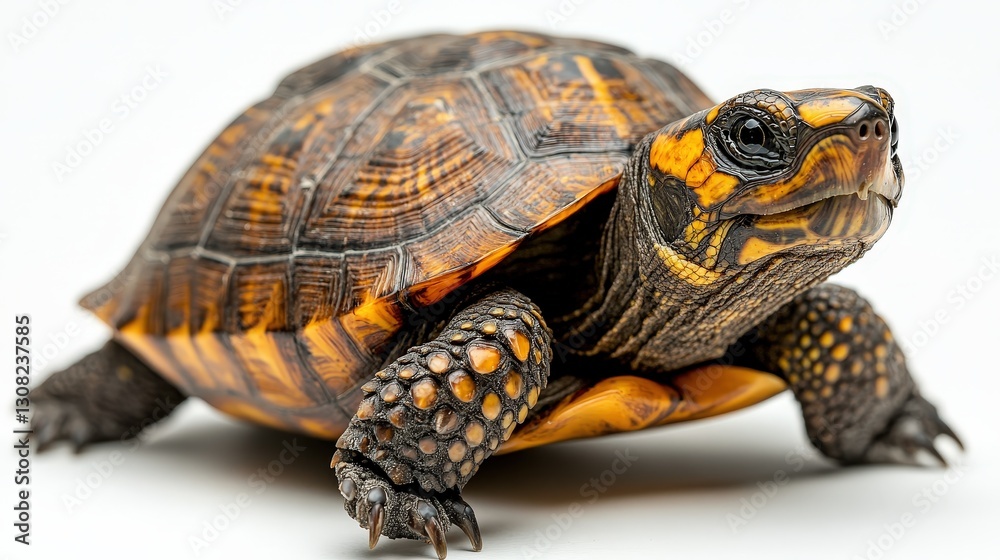 Obraz premium Close-up of a turtle’s head and shell, with eyes peering over as it tilts slightly left while gazing right—a blend of curiosity and calm