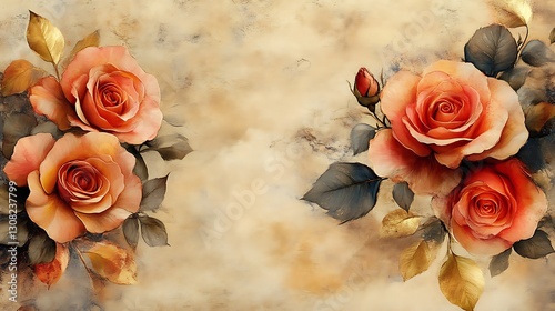 Roses Blossom on a Vintage Beige Texture