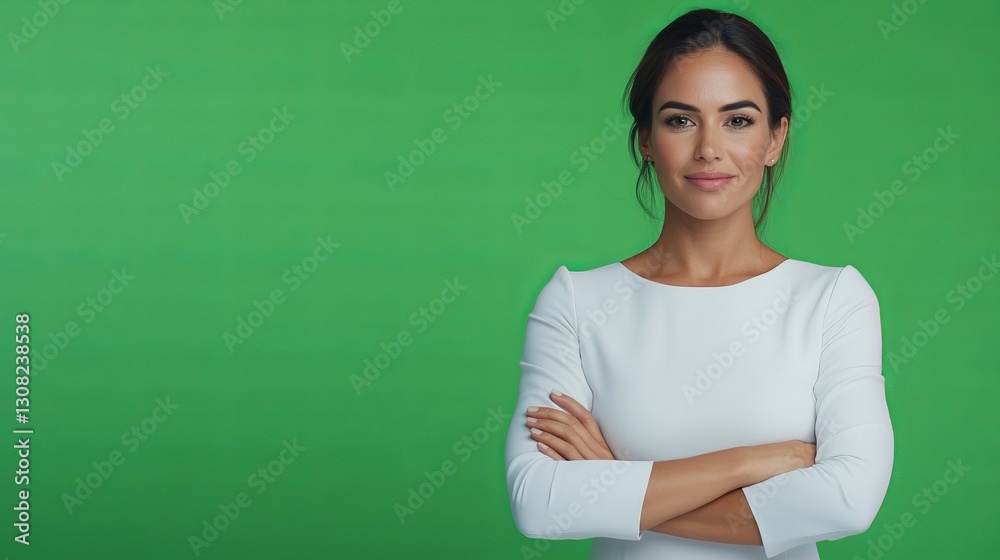 Confident Professional Portrait: A poised and self-assured woman with her arms crossed exudes confidence and approachability, set against a vibrant green backdrop. Confident Professional Portrait: A poised and self-assured woman with her arms crossed exudes confidence and approachability, set against a vibrant green backdrop.