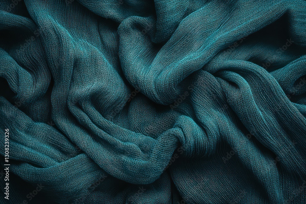 Teal fabric texture, draped folds, close-up, background blur, textile design Teal fabric texture, draped folds, close-up, background blur, textile design