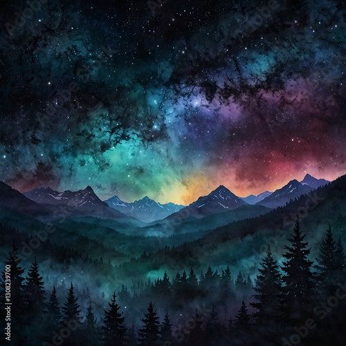 Mystical Night Sky and Dreamy Mountain Landscape