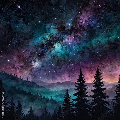 Mystical Night Sky and Dreamy Mountain Landscape