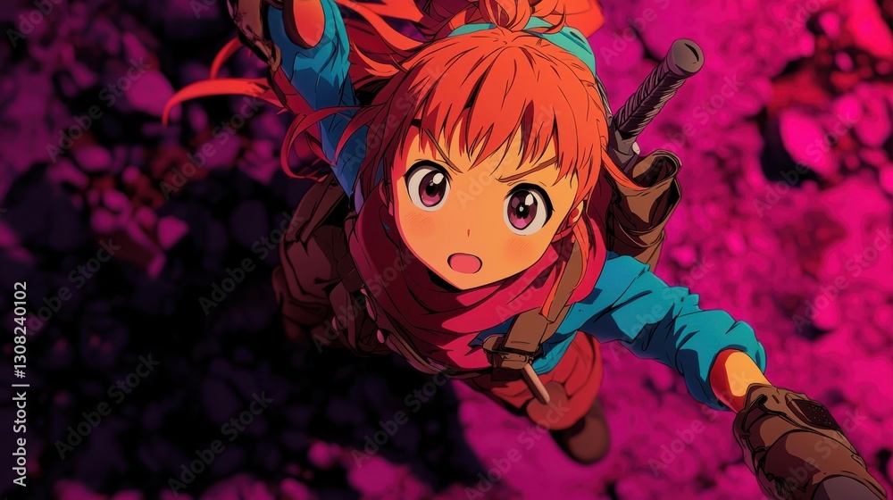 Girl with Long Hair and Red Scarf Soaring Through the Air with Joy Girl with Long Hair and Red Scarf Soaring Through the Air with Joy