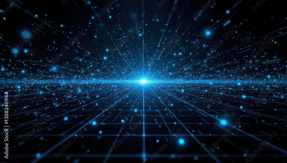 Obraz premium An intricate and dynamic visual representation of interconnected digital particles and lines moving rapidly across a grid