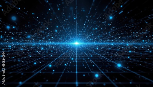 An intricate and dynamic visual representation of interconnected digital particles and lines moving rapidly across a grid