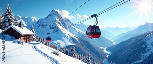 Generate an AI photo of a winter ski resort scene featuring a cable car gondola against a snowy mountain backdrop.  Crisp blue sky with sunlight reflections should create a scenic winter wonderland at