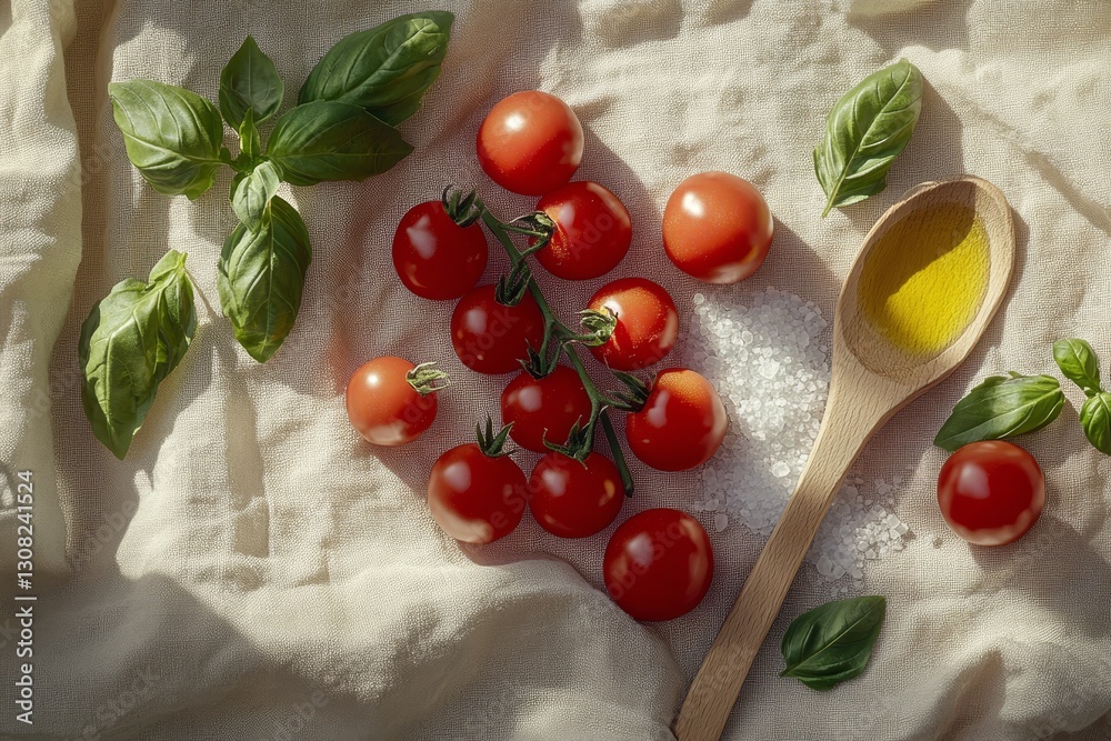 Rustic flat lay of cherry tomatoes, basil, and olive oil on linen for mediterranean cuisine Rustic flat lay of cherry tomatoes, basil, and olive oil on linen for mediterranean cuisine