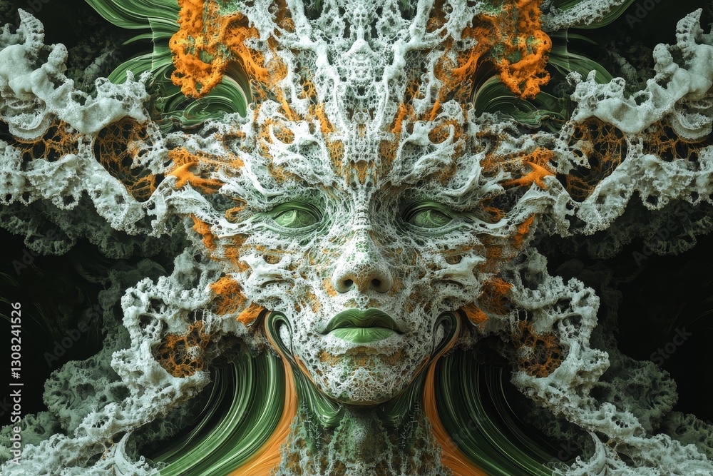 Fototapeta premium Intricate fractal artwork of a stone head statue with cosmic patterns on a dark background