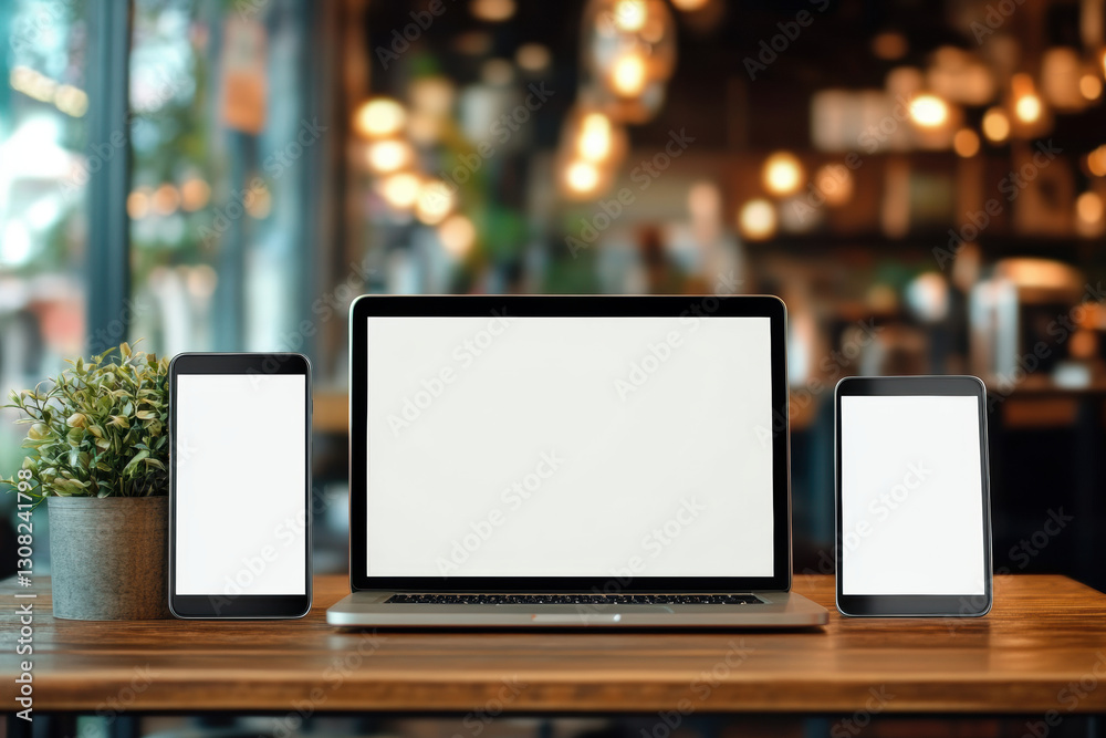 laptop and two smartphones with blank screens on wooden table, surrounded by cozy cafe atmosphere. warm lighting creates welcoming ambiance for work or relaxation laptop and two smartphones with blank screens on wooden table, surrounded by cozy cafe atmosphere. warm lighting creates welcoming ambiance for work or relaxation