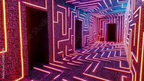 Futuristic neon maze  a single path illuminated for corporate decision making visuals