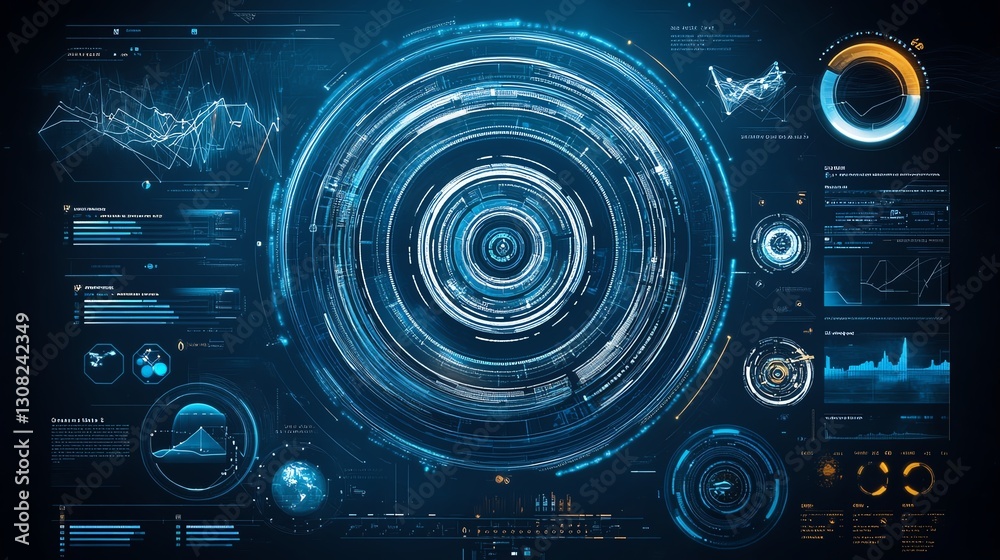 Scifi inspired holographic HUD interface with digital data flow, futuristic abstract background Scifi inspired holographic HUD interface with digital data flow, futuristic abstract background