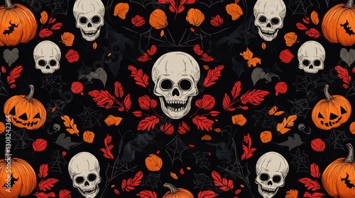 Intricate Pattern of Skulls and Pumpkins on Black Background for Halloween